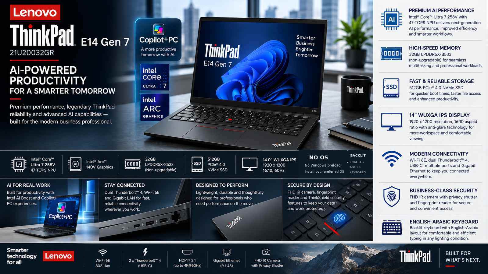 Lenovo ThinkPad E14 Gen 7 21U20032GR AI Business Laptop, Intel Core Ultra 7 258V, 32GB LPDDR5X-8533, 512GB PCIe 4.0 SSD, Intel Arc 140V, 14-inch WUXGA IPS 60Hz, Dual Thunderbolt 4, Wi-Fi 6E, Backlit English-Arabic Keyboard, DOS, Black | 21U20032GR